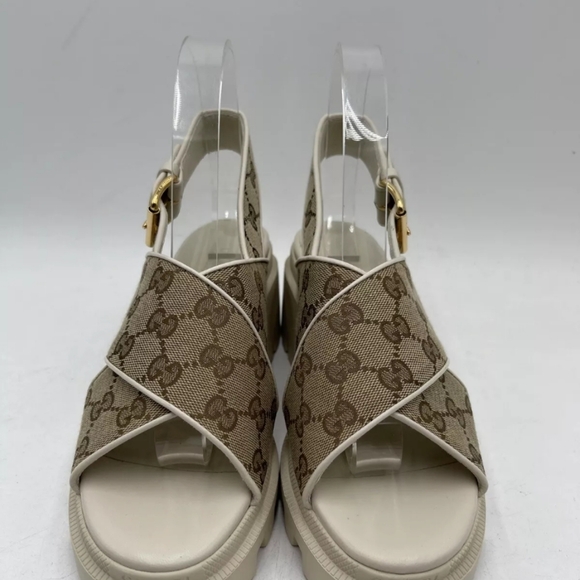 Gucci Women's GG Supreme Lug Sole Slingback Sandals Beige Size 38 - Picture 3 of 8